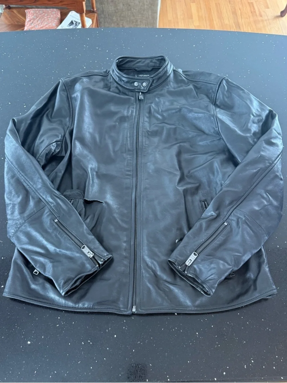 Men's Black Leather Bomber Jacket with Stand Collar *Flawed